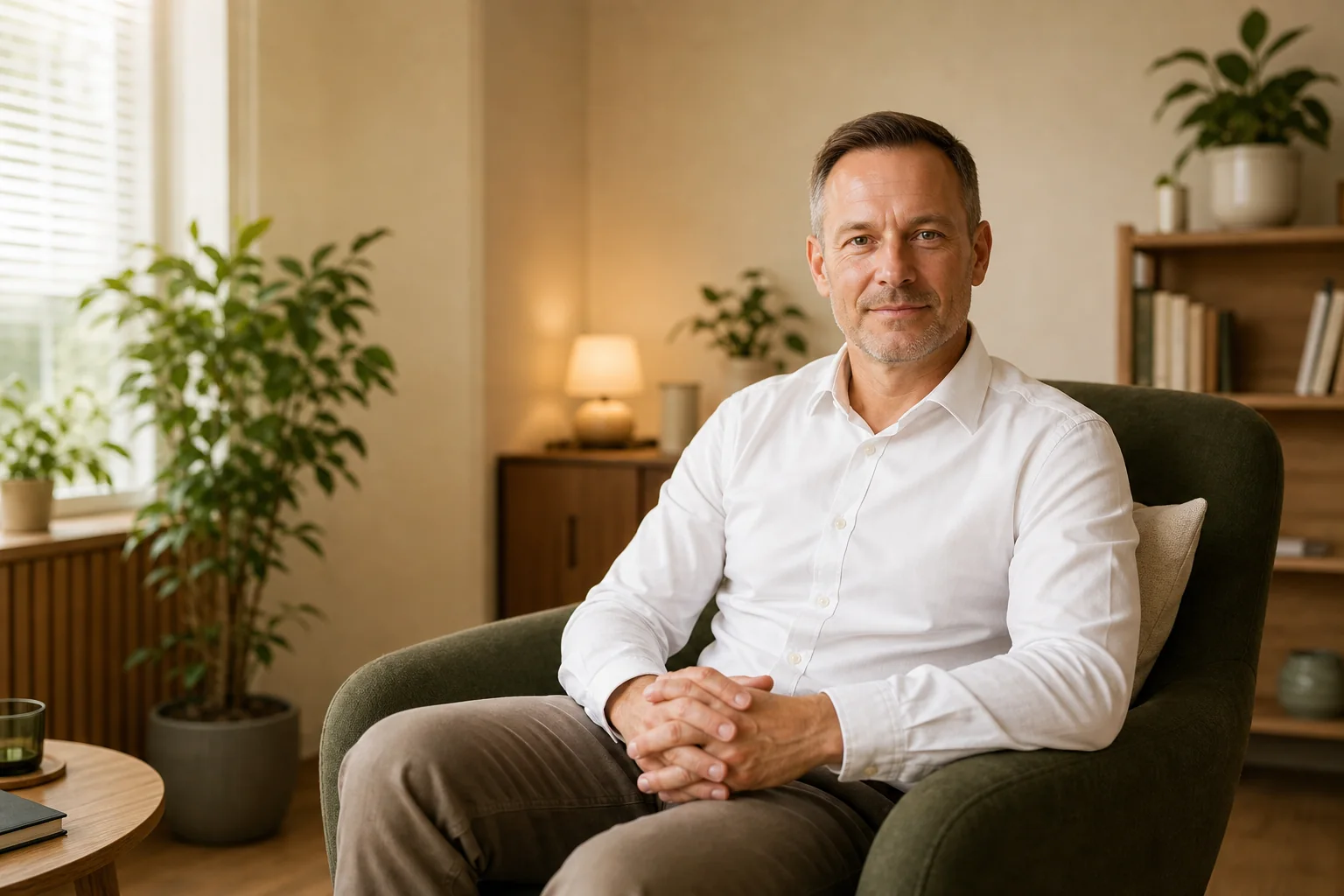 Klaus Steep sitzt ruhig in einer warmen Coaching-Praxis.