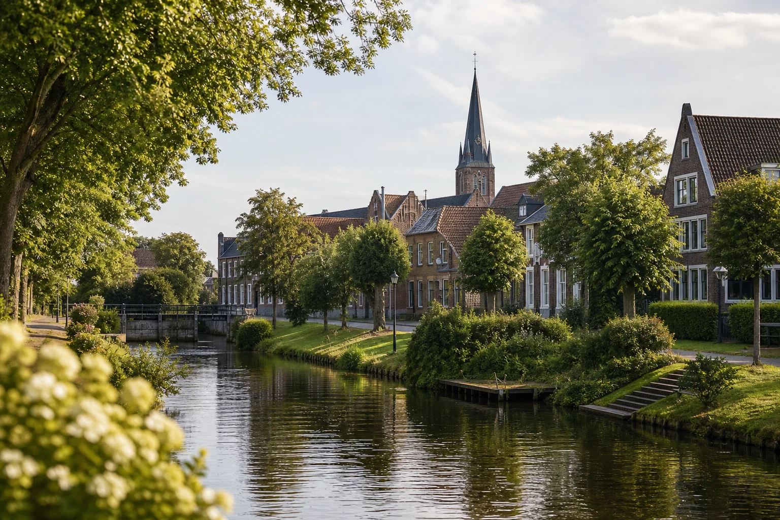 Ruhige Stadtansicht mit Wasser, Grün und Kirche als regionaler Bezug zu Itzehoe.